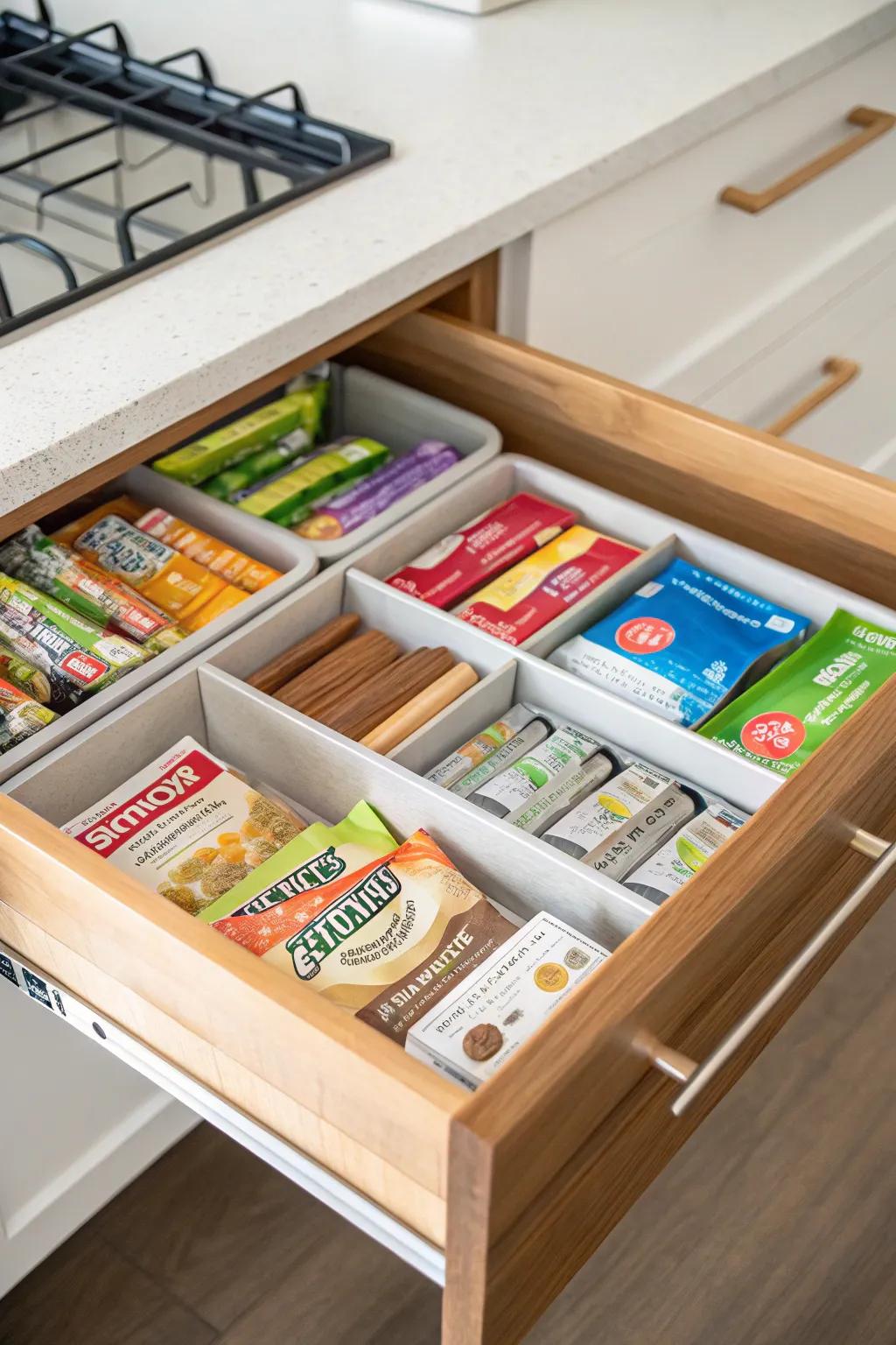 Drawer partitions aid in preserving structured snack retention.