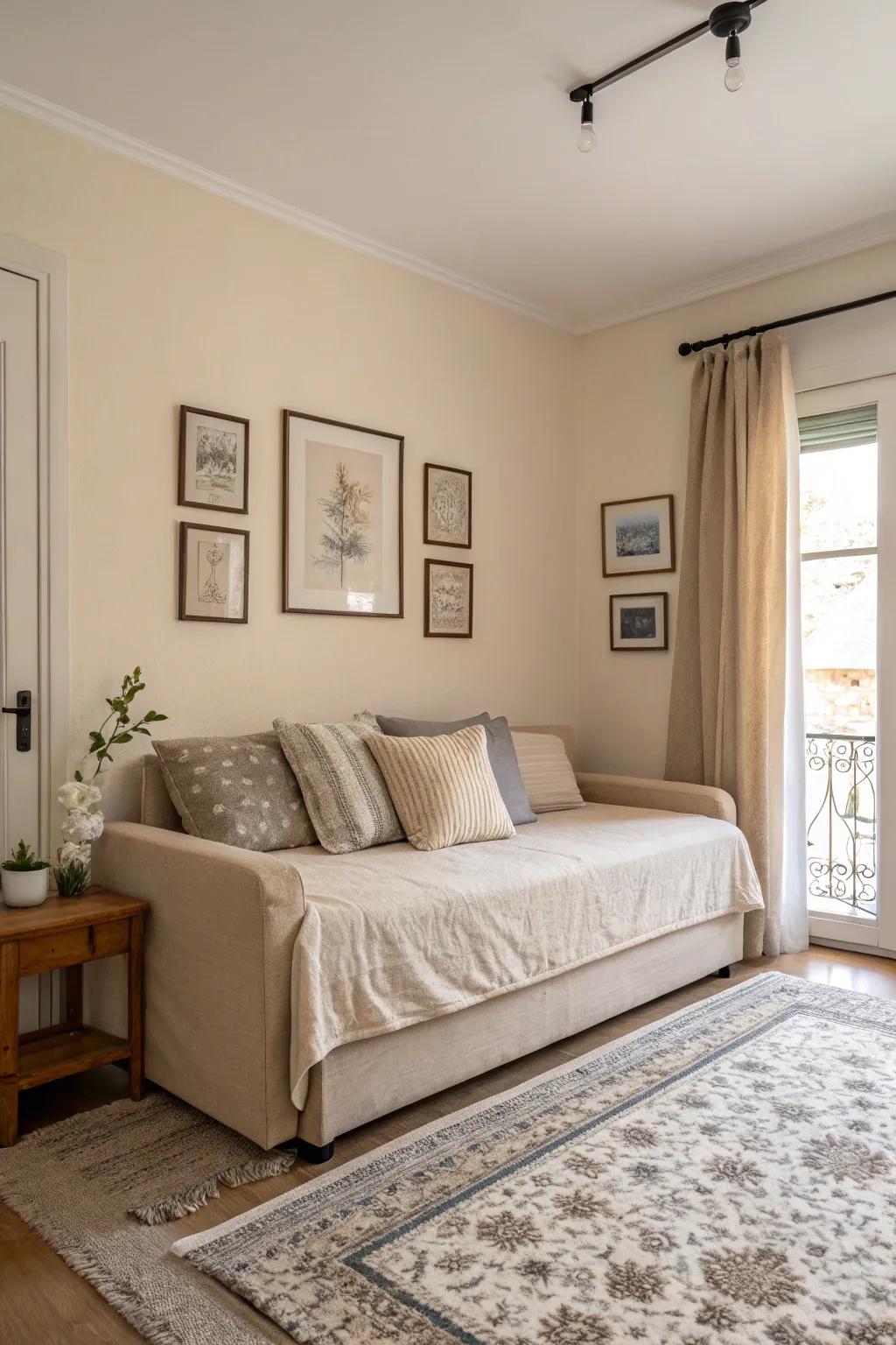 Muted colors foster a peaceful bedroom atmosphere.