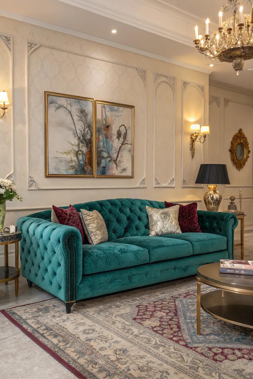 A velvet sofa adds a touch of luxury and sophistication.