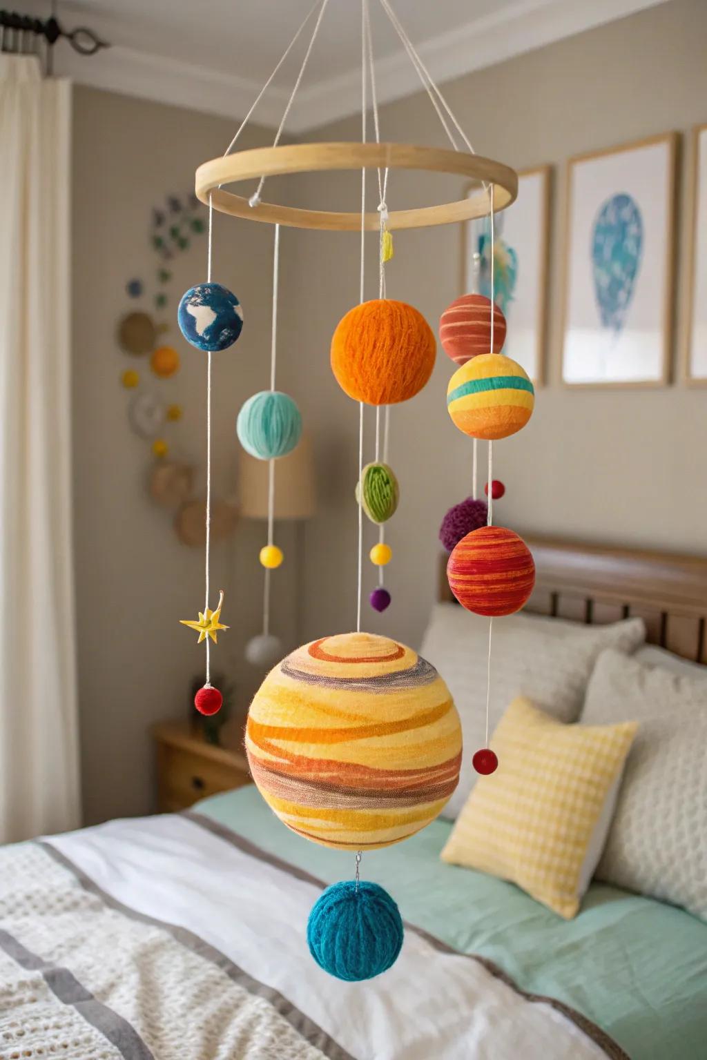 A solar system mobile contributes an educational and decorative element.