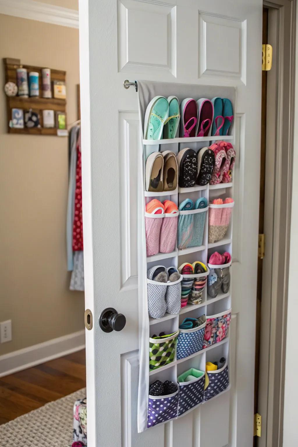 Over-the-door organizers furnish supplemental storage capacity without sacrificing floor space.