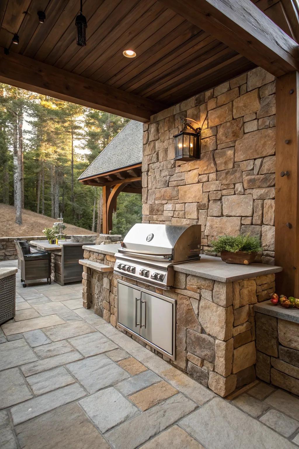 An integrated cook station takes prominence in this rustic outdoor kitchen arrangement.