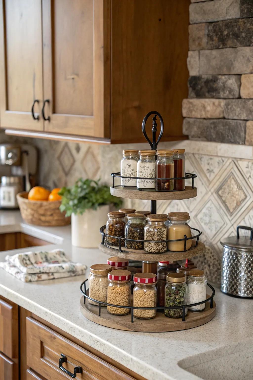 Tiered shelving enhances efficiency in spice storage.