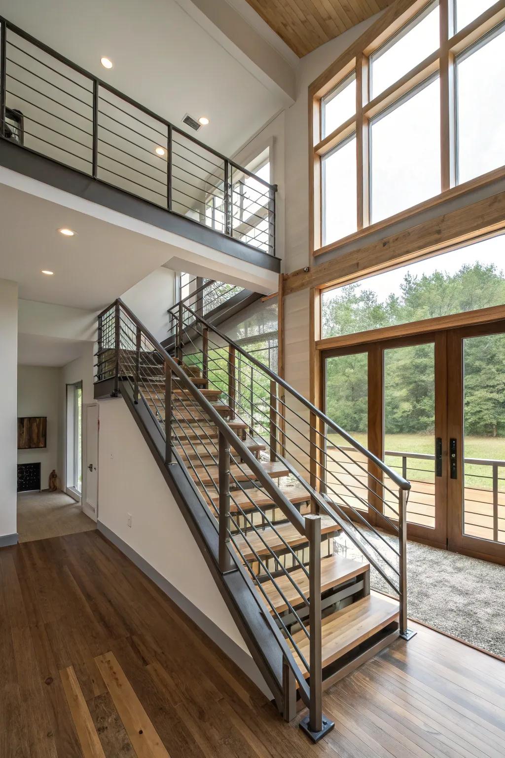 Industrial metal conduit railings adding an edgy feel to a split-level home.