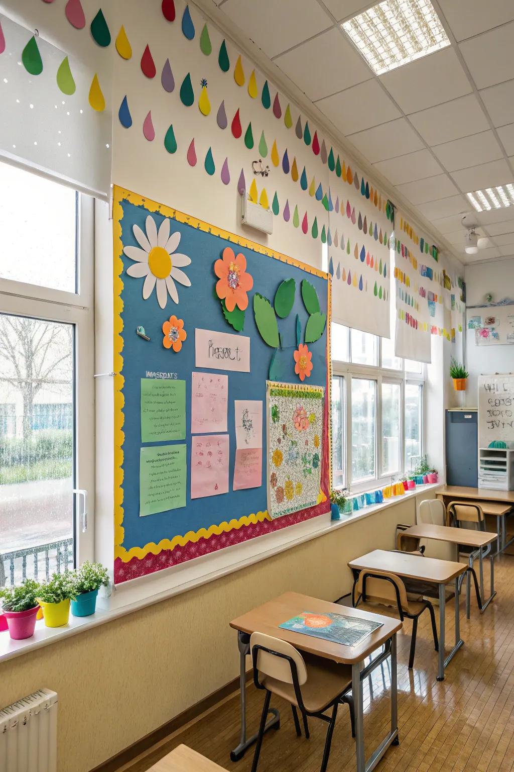 Spring showers and flowers burst to life on this bulletin board.