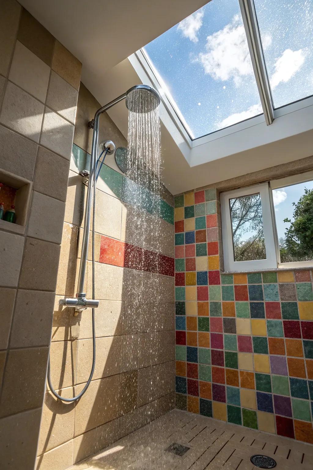 Sunlight streams into a standup shower, resulting in a cozy and welcoming ambiance.