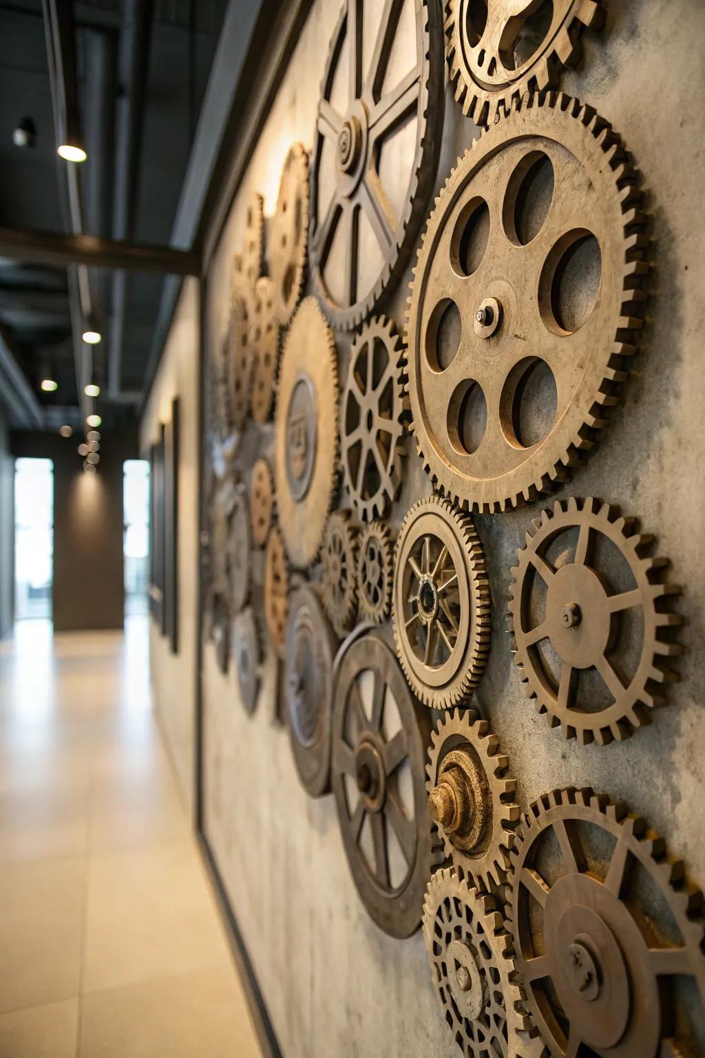Cogwheels and gears fashion an arresting visual focal point in steampunk decoration.