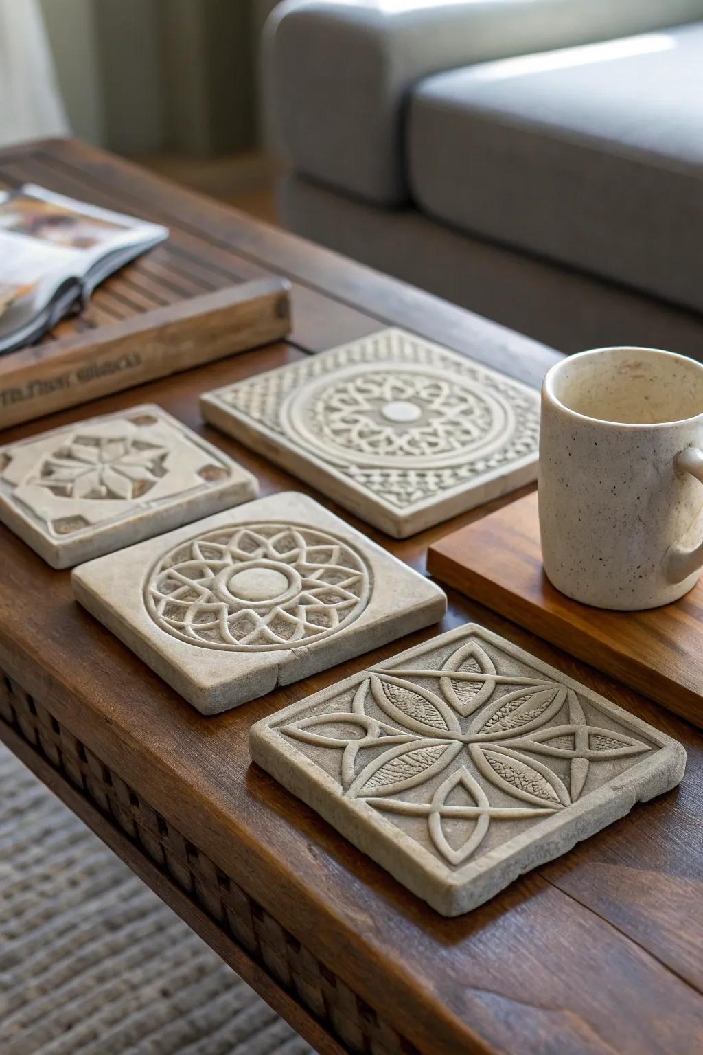 Chic, handcrafted stone beverage rests showcasing geometric flair.