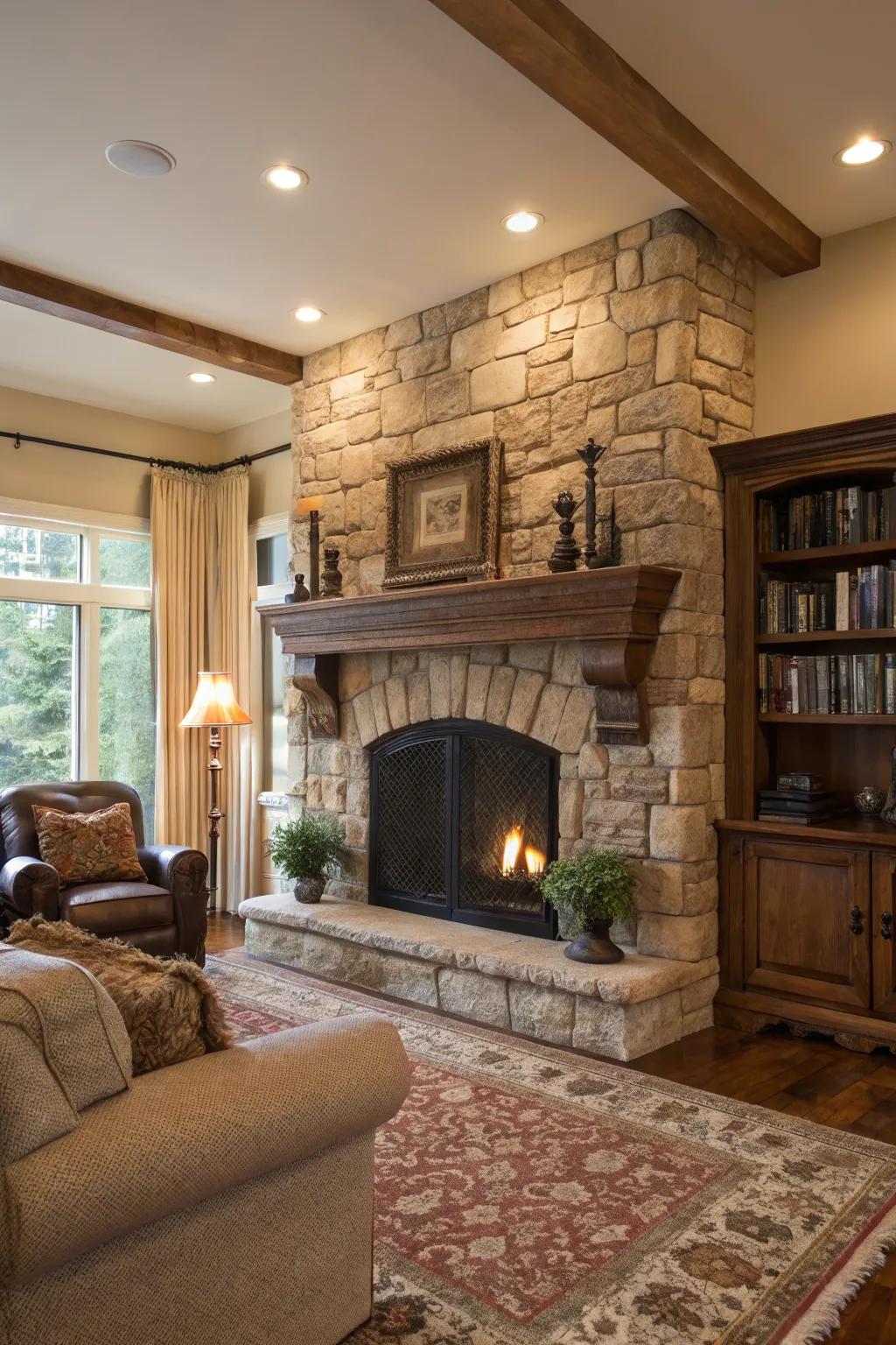 A traditional family room presenting a stone fireplace adorned with a coordinating stone mantel.