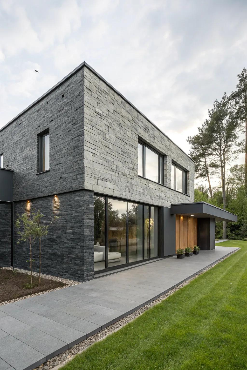 A modern house displaying a sleek polished rock stone facade.