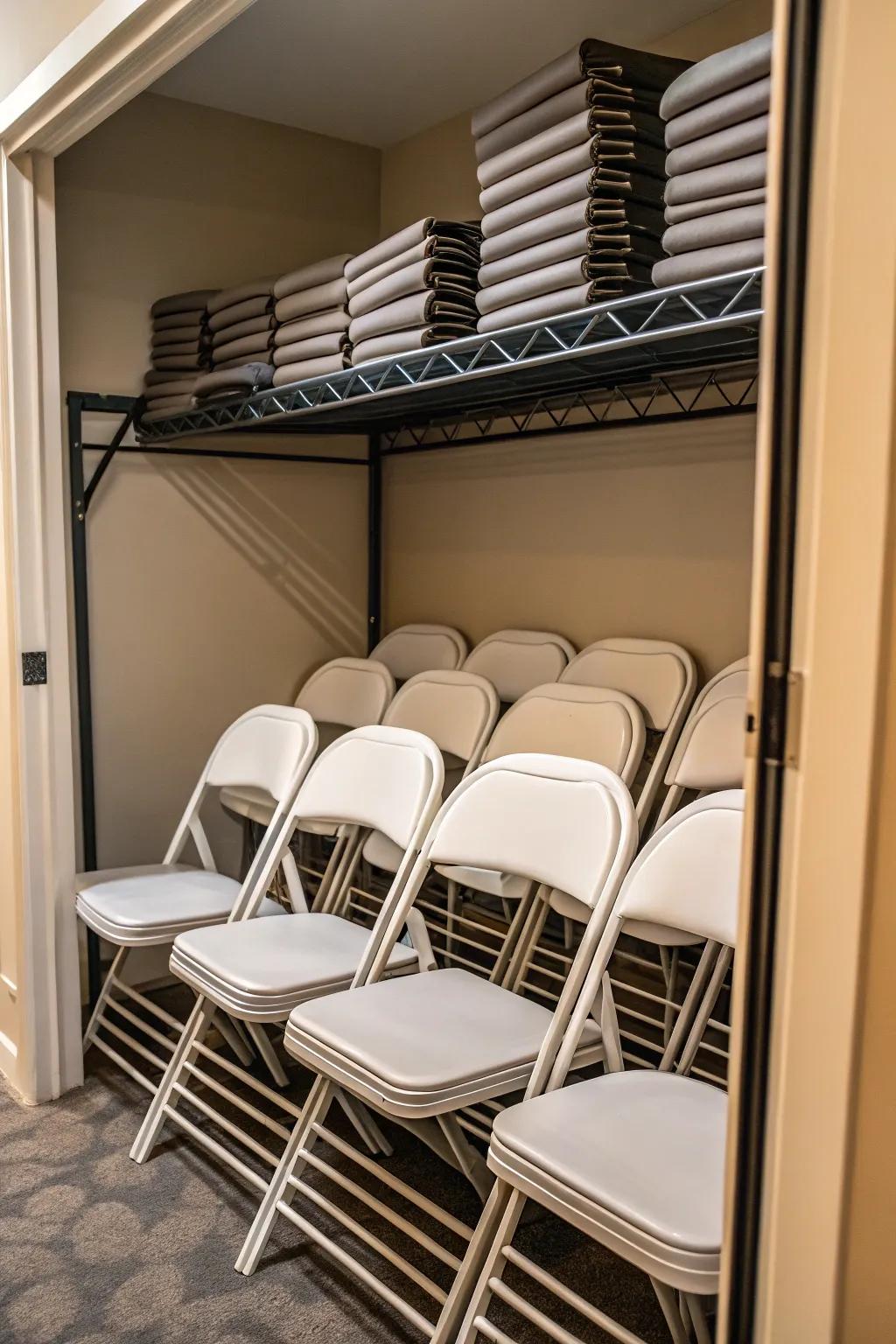 Use closet space for organized storage of folding chairs.