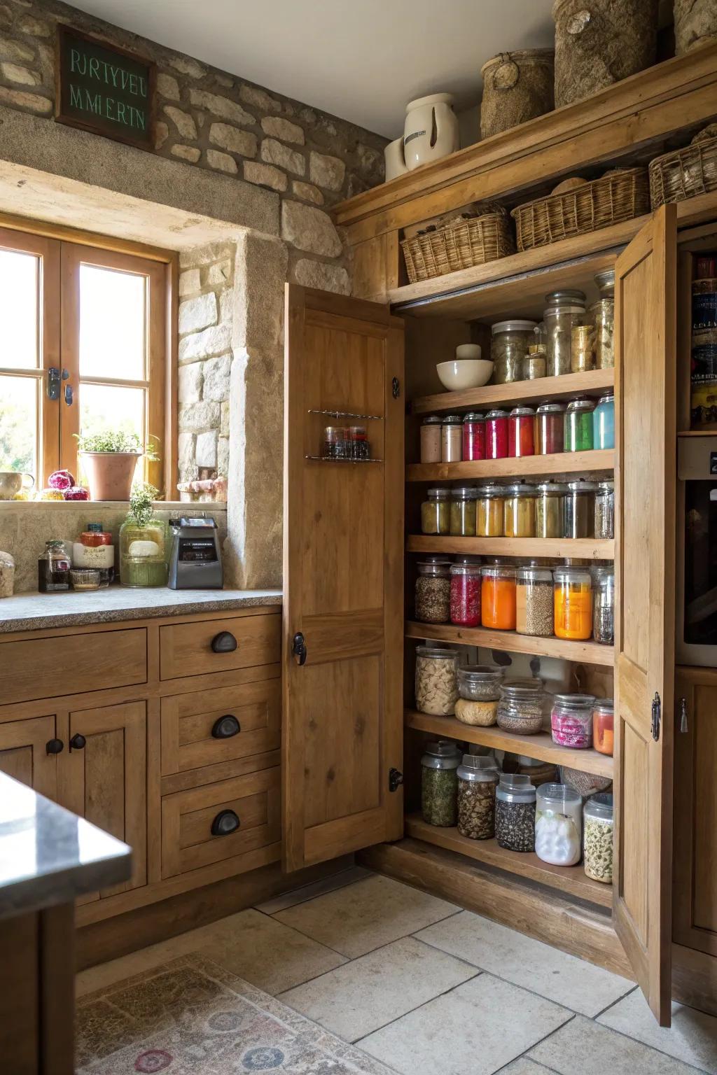 An open pantry featuring a harmonious arrangement of jars and containers, radiating refined organization.