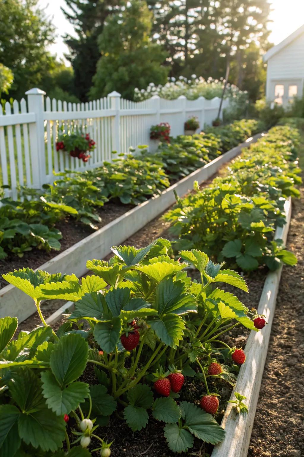 Typical rows of strawberry plants basking in a sunny garden.