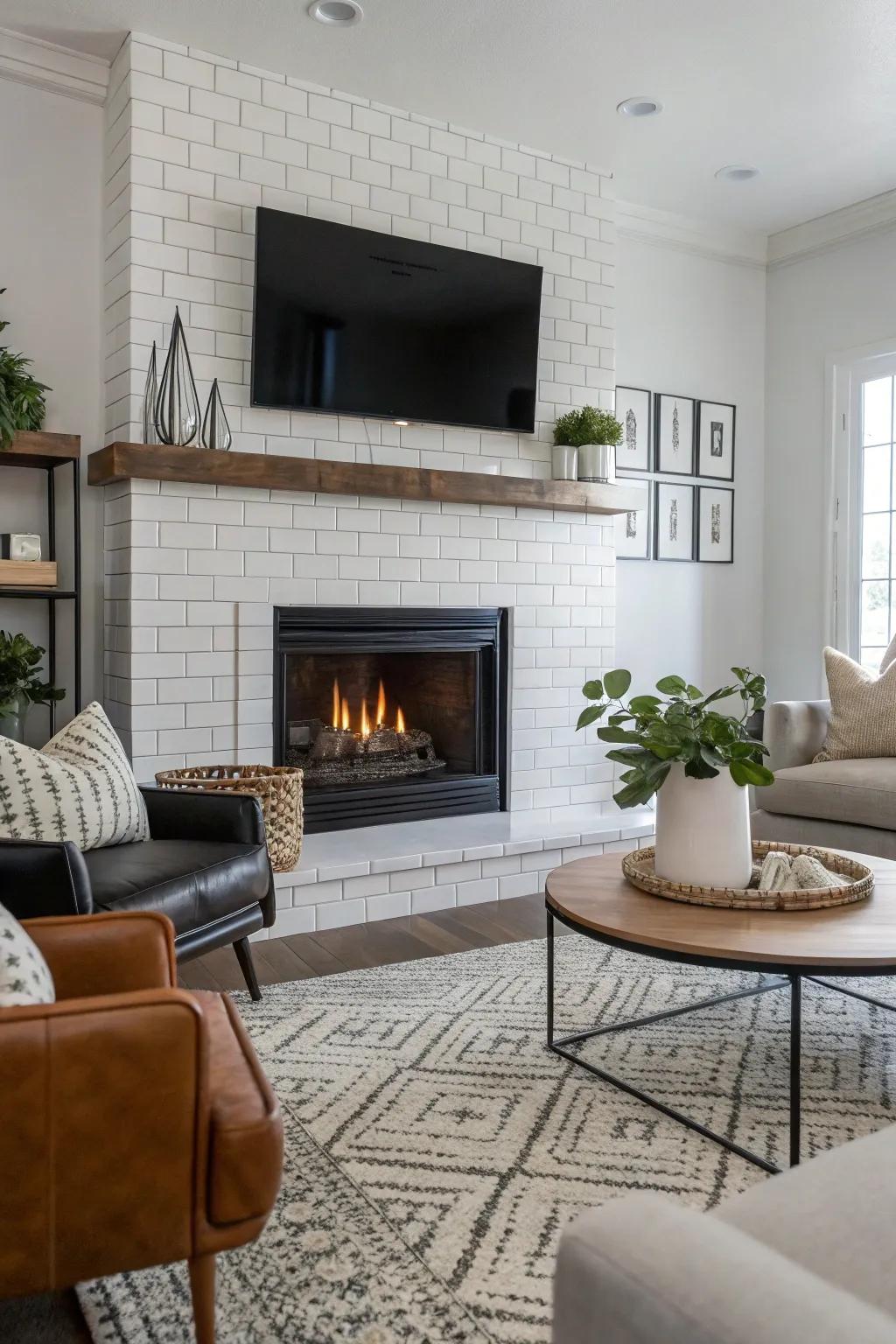 Gleaming rectangle tiles bring a modern sheen to this contemporary fireplace.