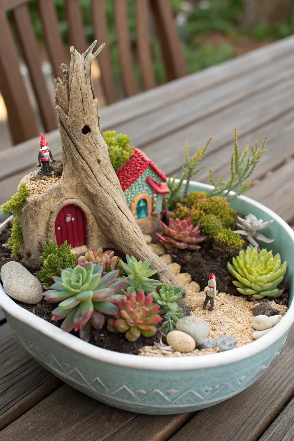 A whimsical miniature landscape within a succulent arrangement.