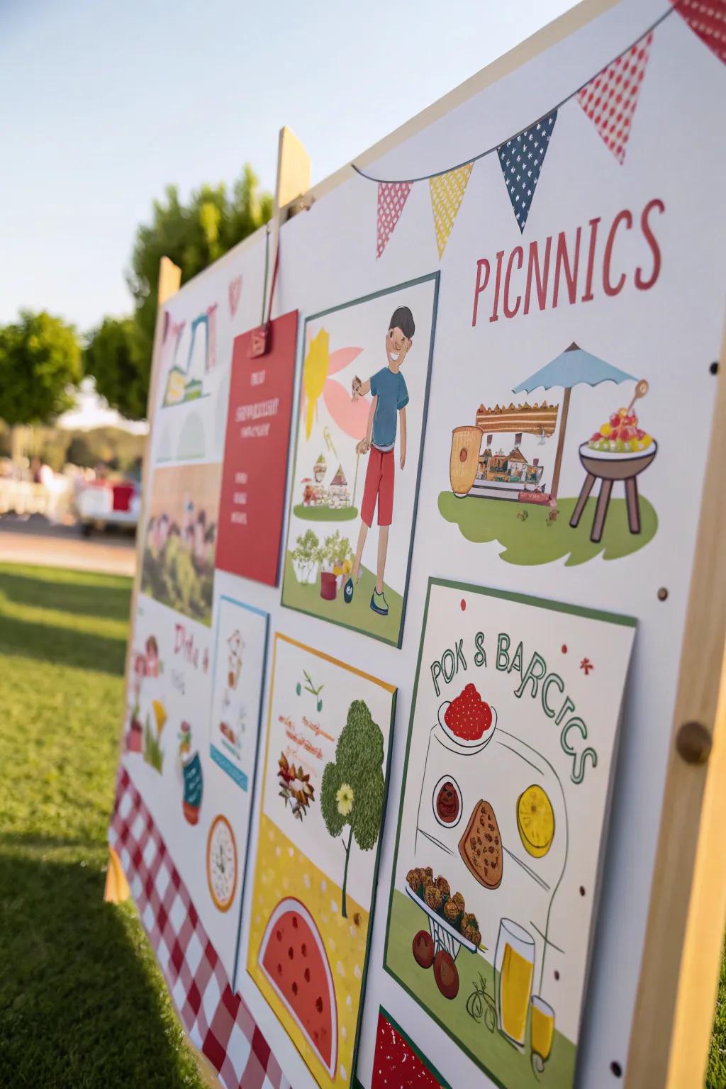 A design showcasing cutout figures illustrating summer pastimes like outdoor meals and barbeques.
