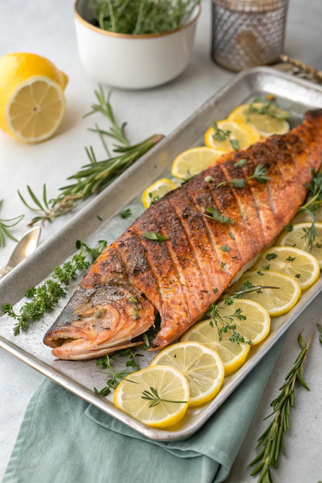 A perfectly grilled salmon side, poised for serving.