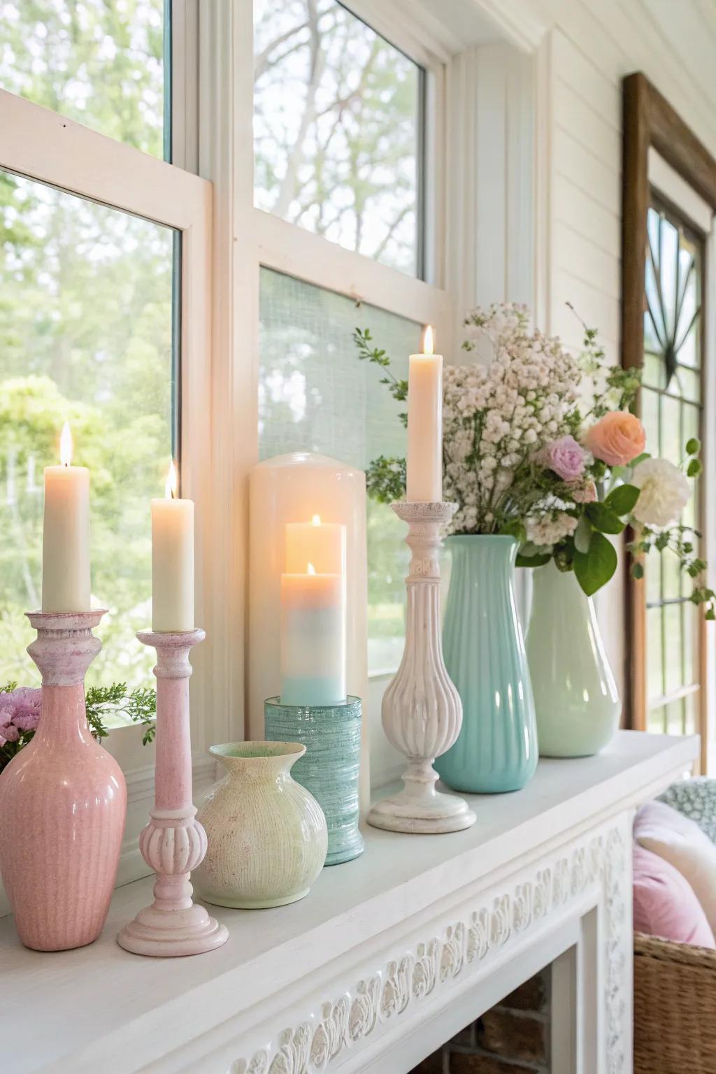 Gentle gradations introduce a delicate summer nuance to your mantel's ornamentation.