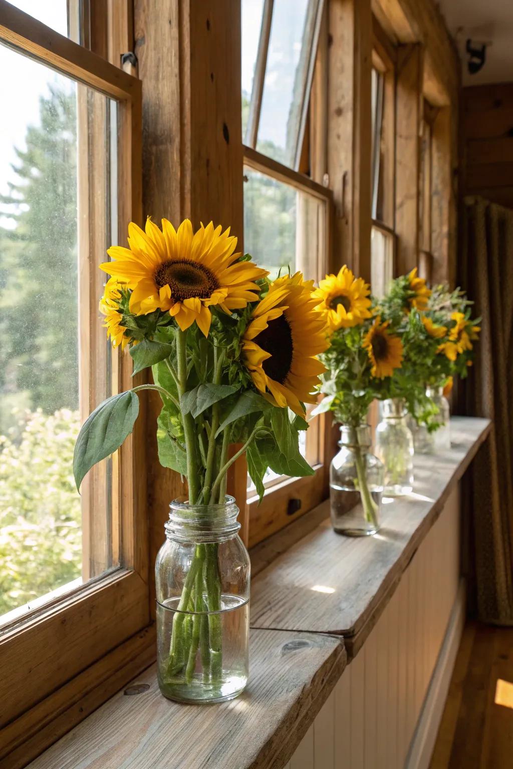 Infuse your culinary space with country charm using jars brimming with sunflowers.