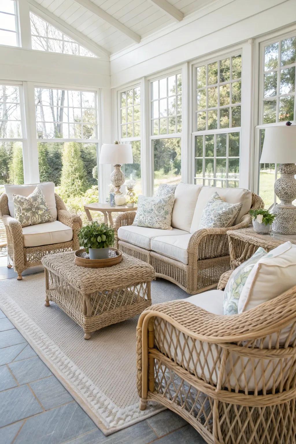 Delicate accents provide timeless charm to this sunroom space.