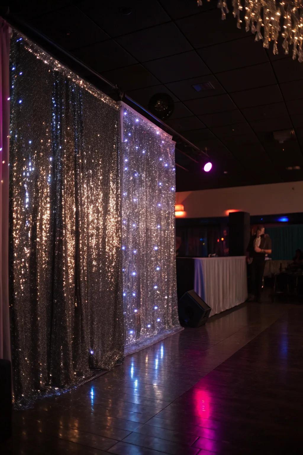 A sequin backdrop glistens and captures light beautifully.