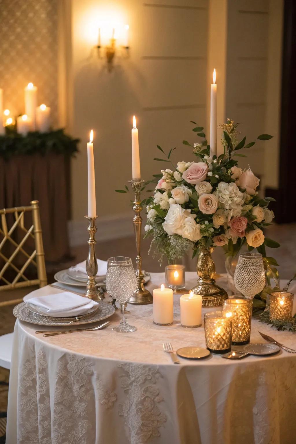 A taper-lit sweetheart table with a warm and intimate glow.