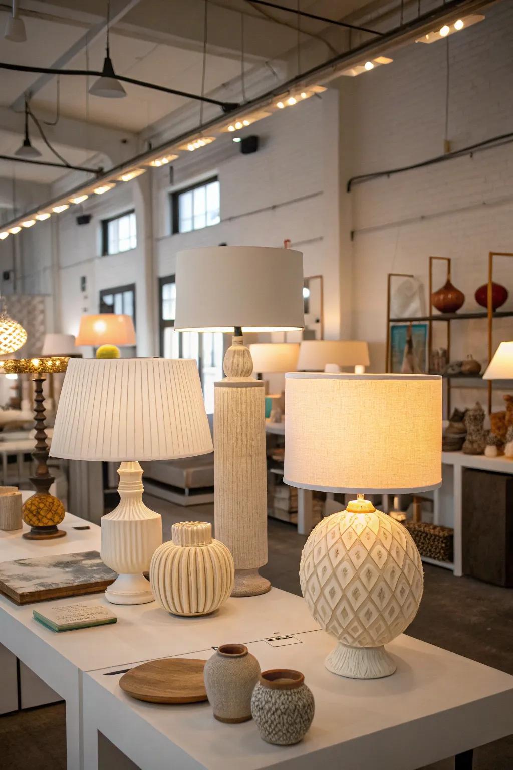 A creative workspace featuring an array of eclectic table lamps to inspire.