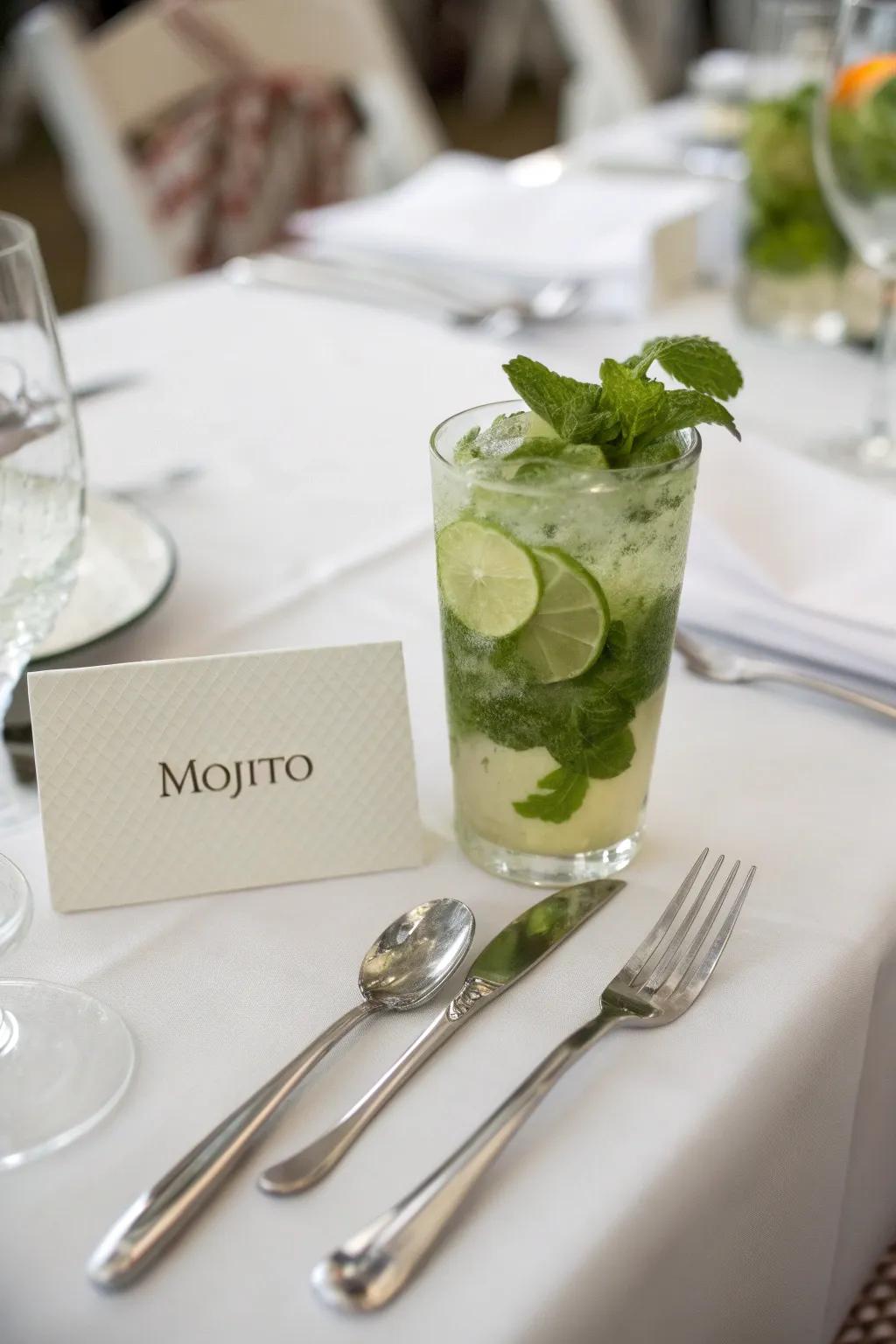 Libation-inspired table titles contribute a playful aspect to the decor.