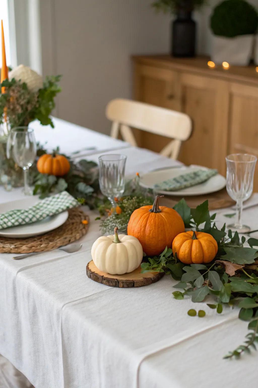 The inclusion of seasonal accents, like gourds and foliage, enhances the allure of the table.