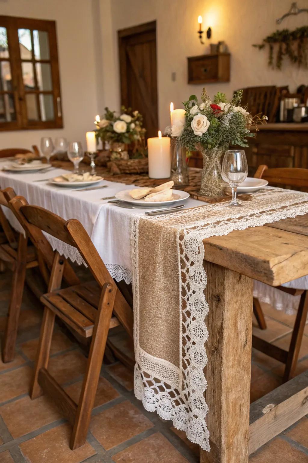 A rustic table arrangement showcasing elements of wood, burlap, and lace.