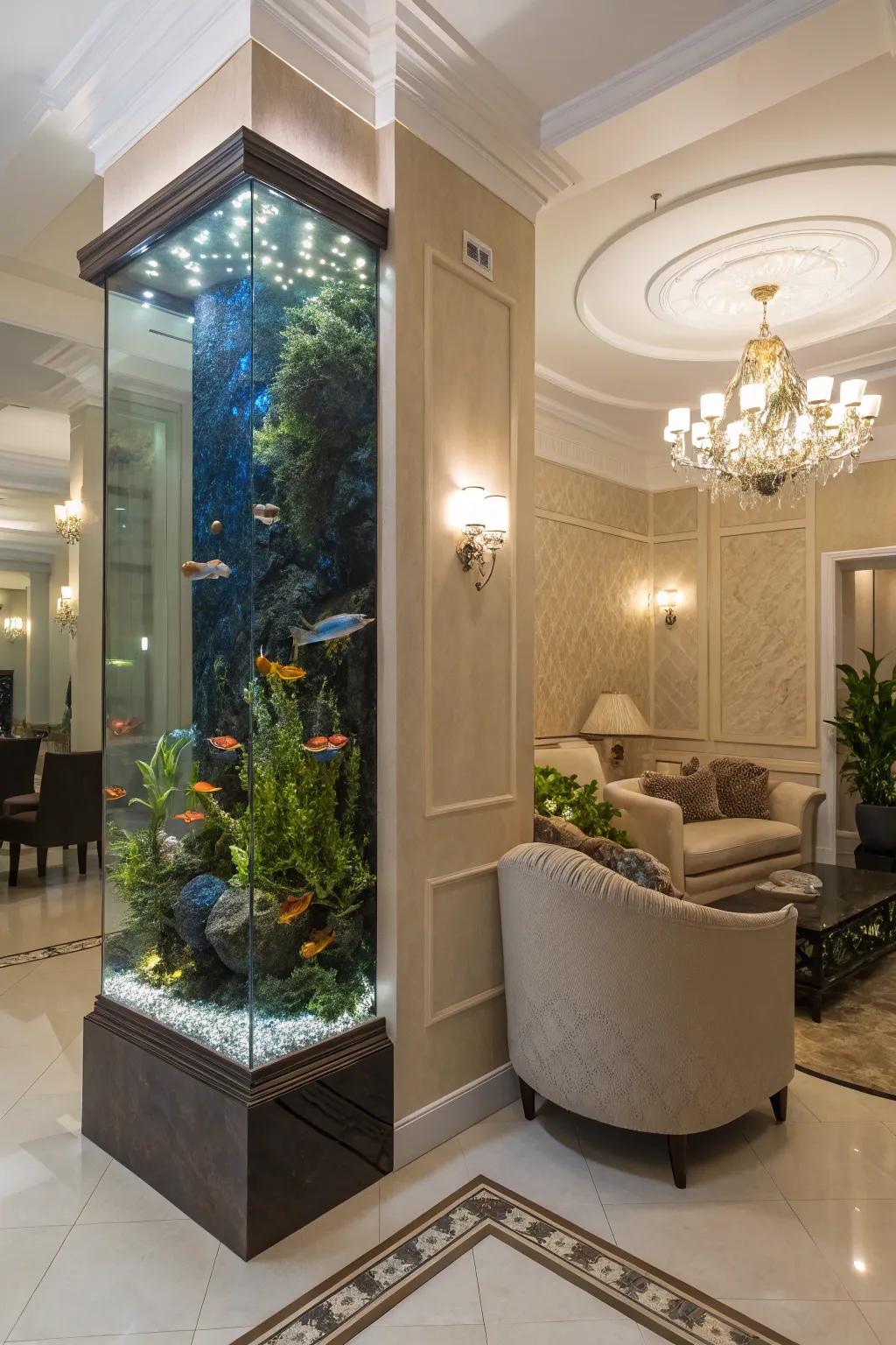 A tall aquarium boldly defining the corner of a room.