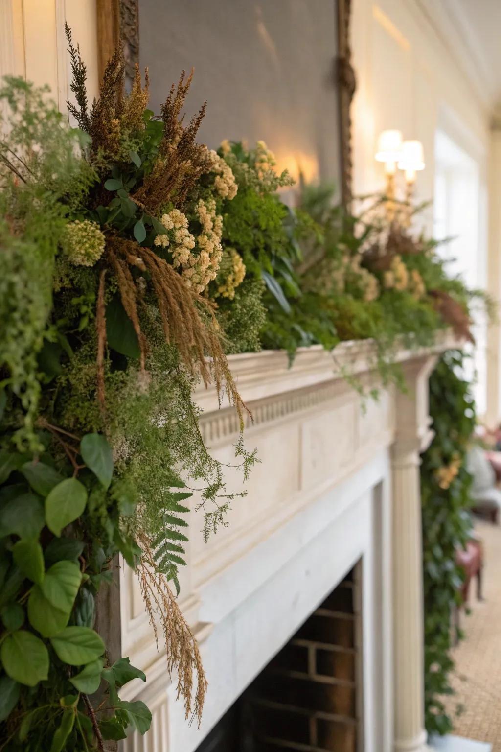 An elevated mantel ornamented with elements of nature, encompassing verdure and desiccated flora.