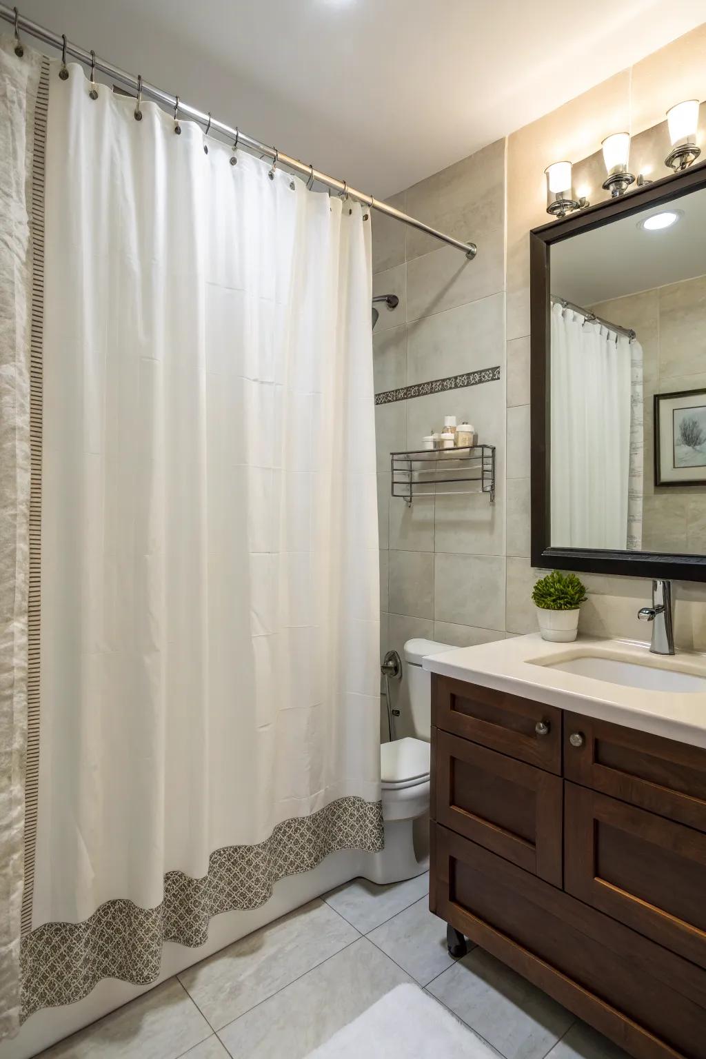 Elevated shower curtains impart an illusion of greater space, ideal for smaller bathrooms.