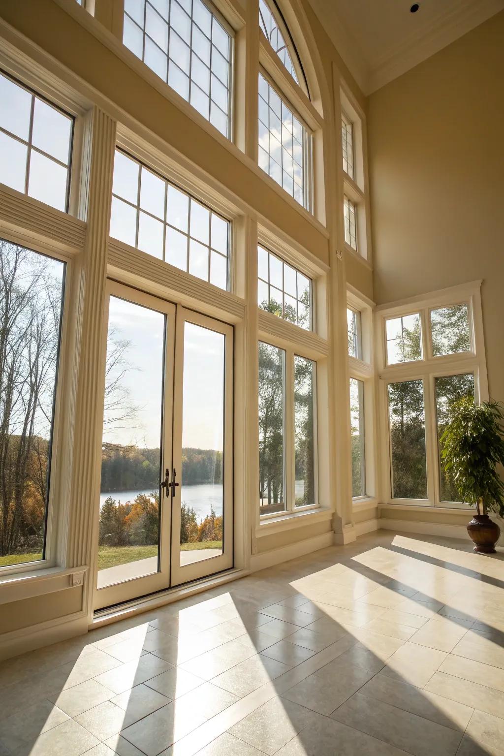 Uncovered windows presenting natural beauty and light.