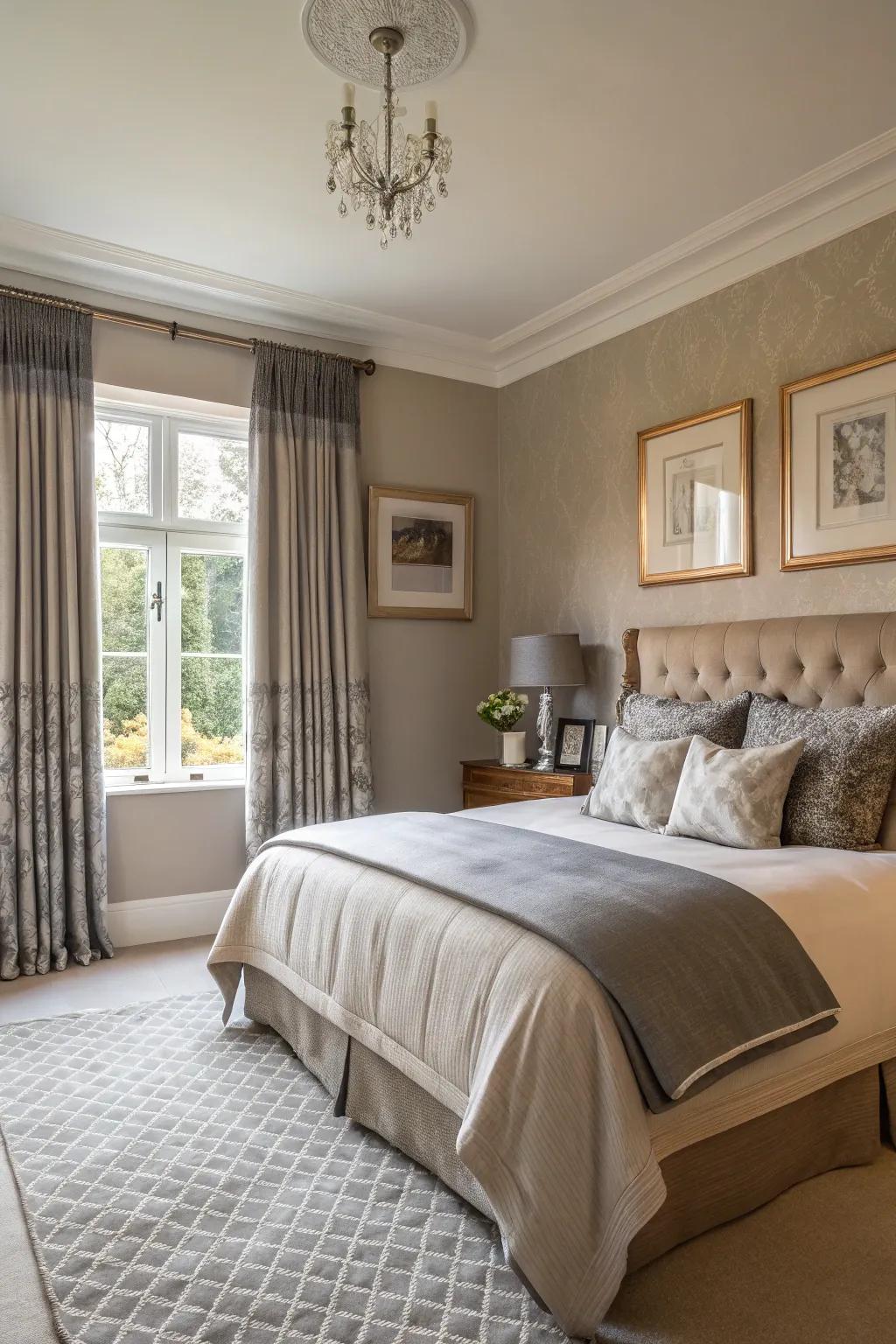 Chic grey window dressings complementing greige walls.