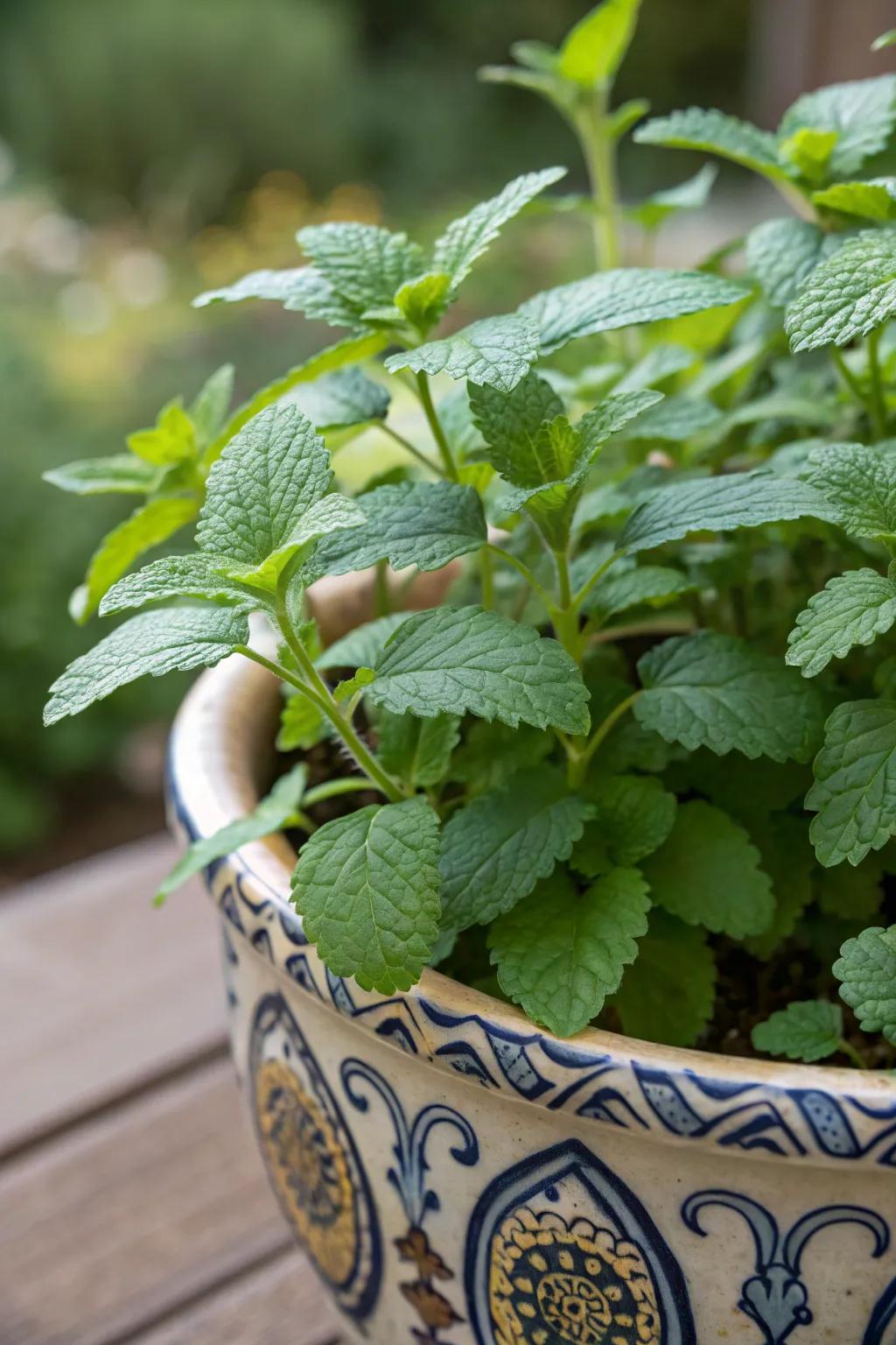 Lemon balm flourishing in a ceramic pot, prepared to infuse your tea with a citrus-like trace.