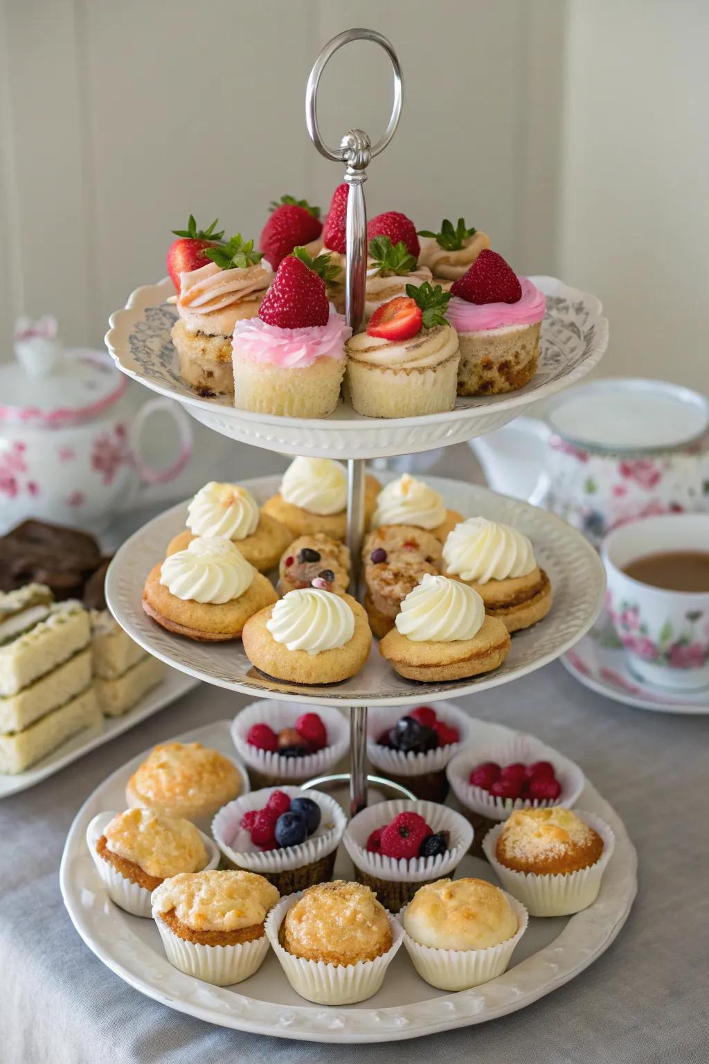 A tiered serving stand presents an array of pastries with grace.