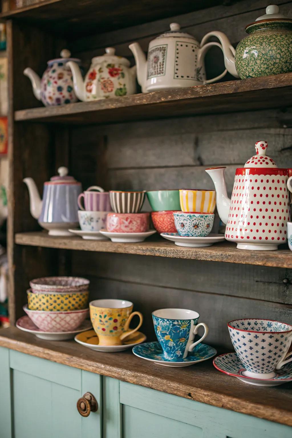 An eclectic assortment of tea sets crafting a dynamic and playful presentation.