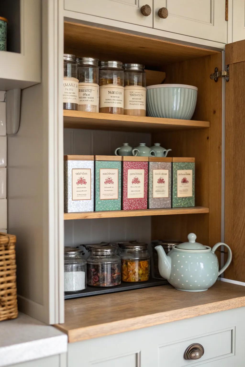 An orderly cupboard shelf exclusively reserved for tea storage.