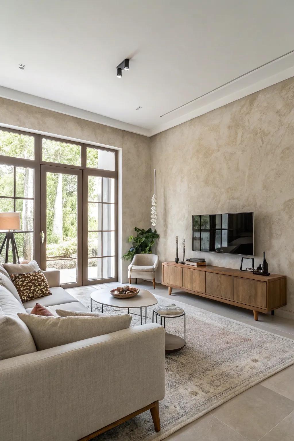A minimalist living space featuring delicate textured walls.