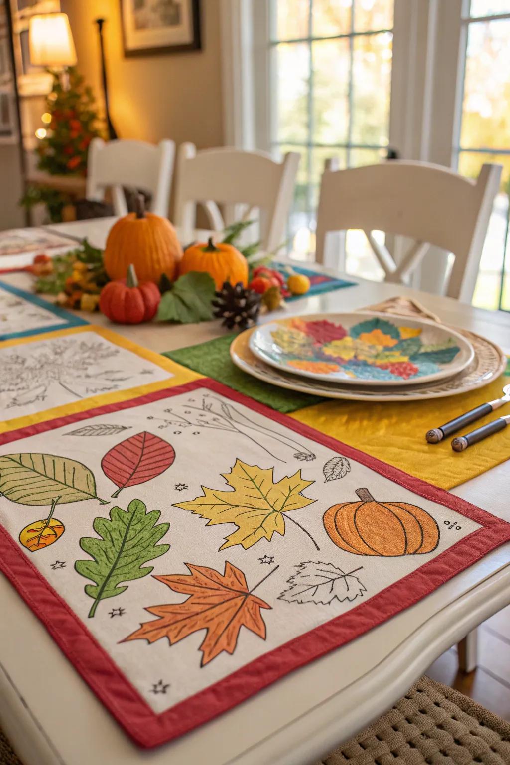 Handcrafted Thanksgiving table linens incorporating a personal nuance to the dinner setting.
