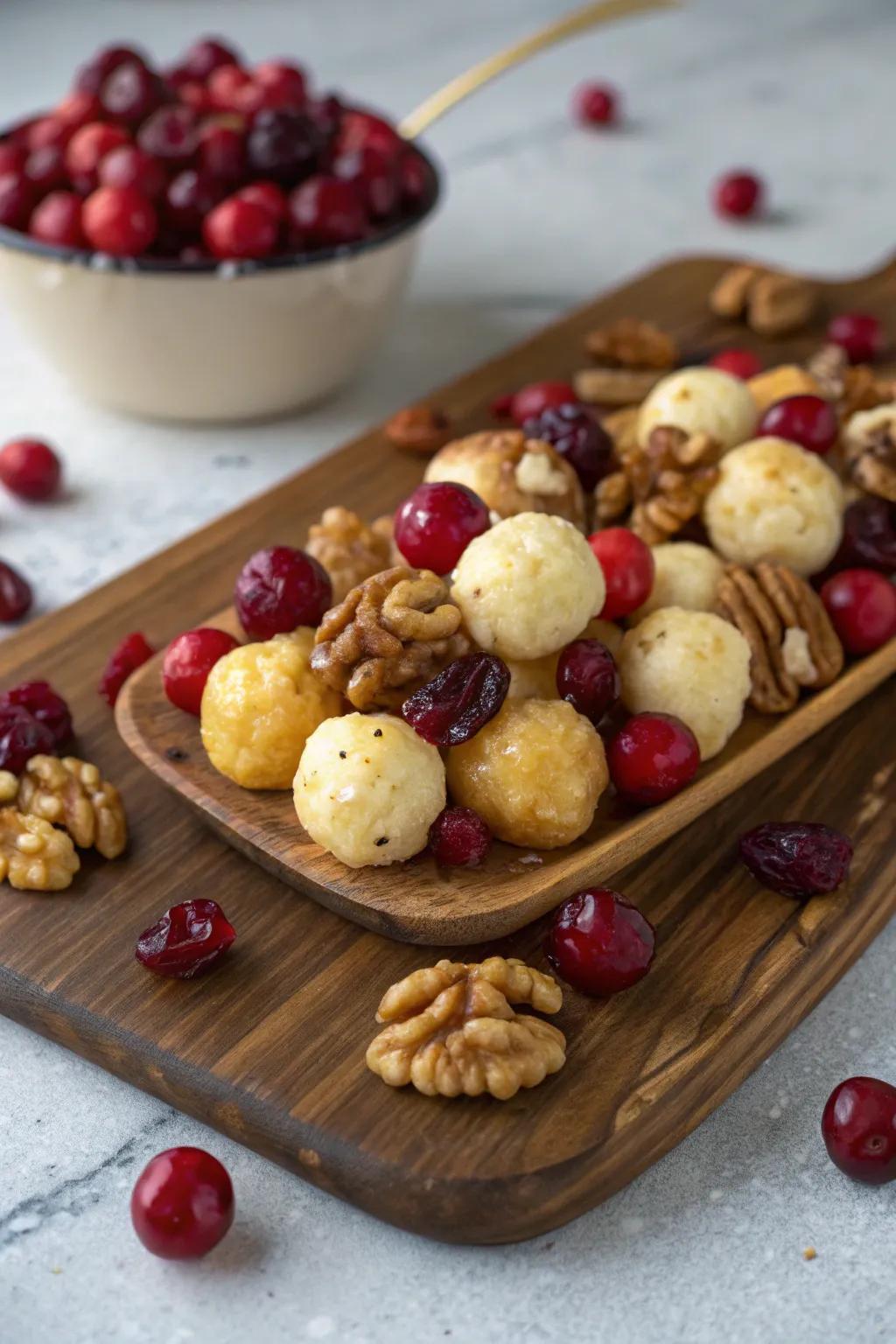 Cranberry and walnut cheese ball with festive details.