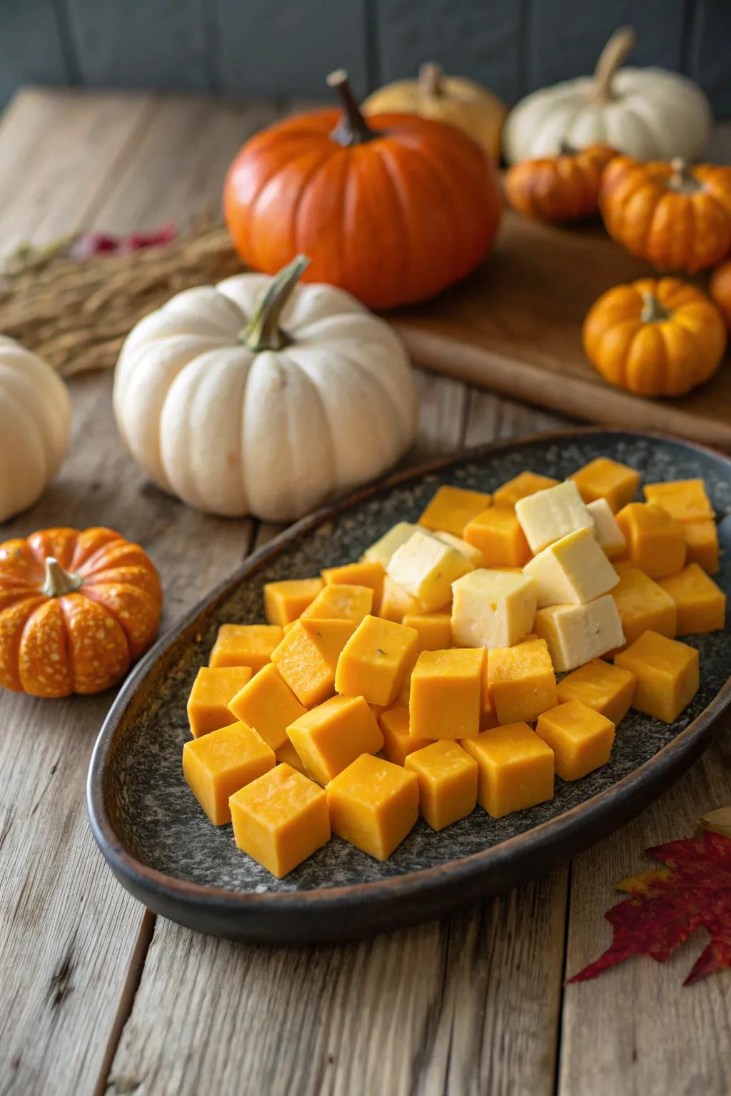 A tempting pumpkin and cheese platter that captures the essence of fall.