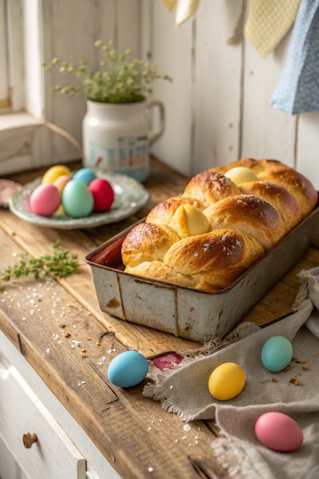 Self-made intertwined Easter loaf, directly from the oven.