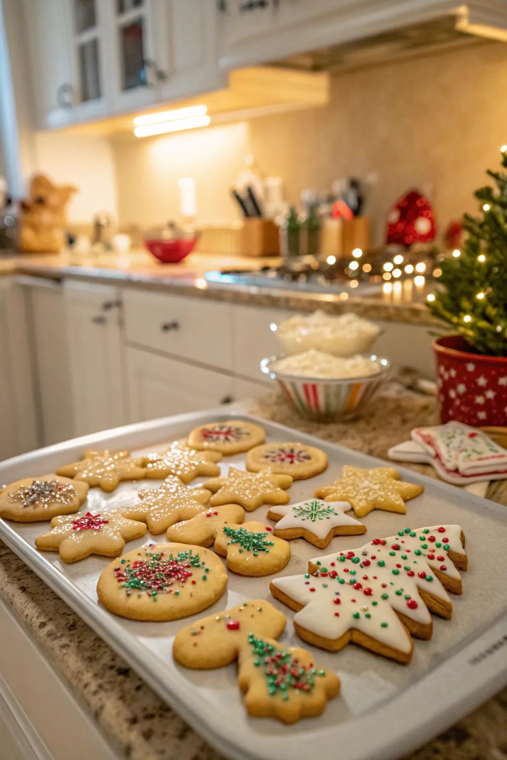 A tray of beautifully decorated Christmas cookies.
