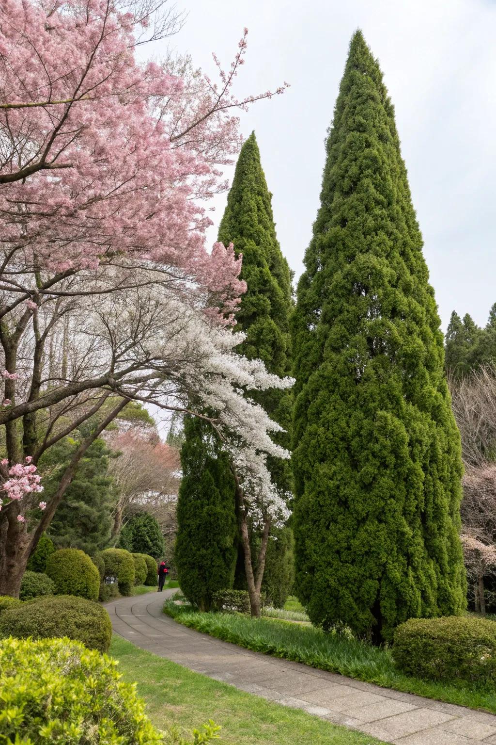 Produce a striking juxtaposition with Arborvitae and flowering plum trees.