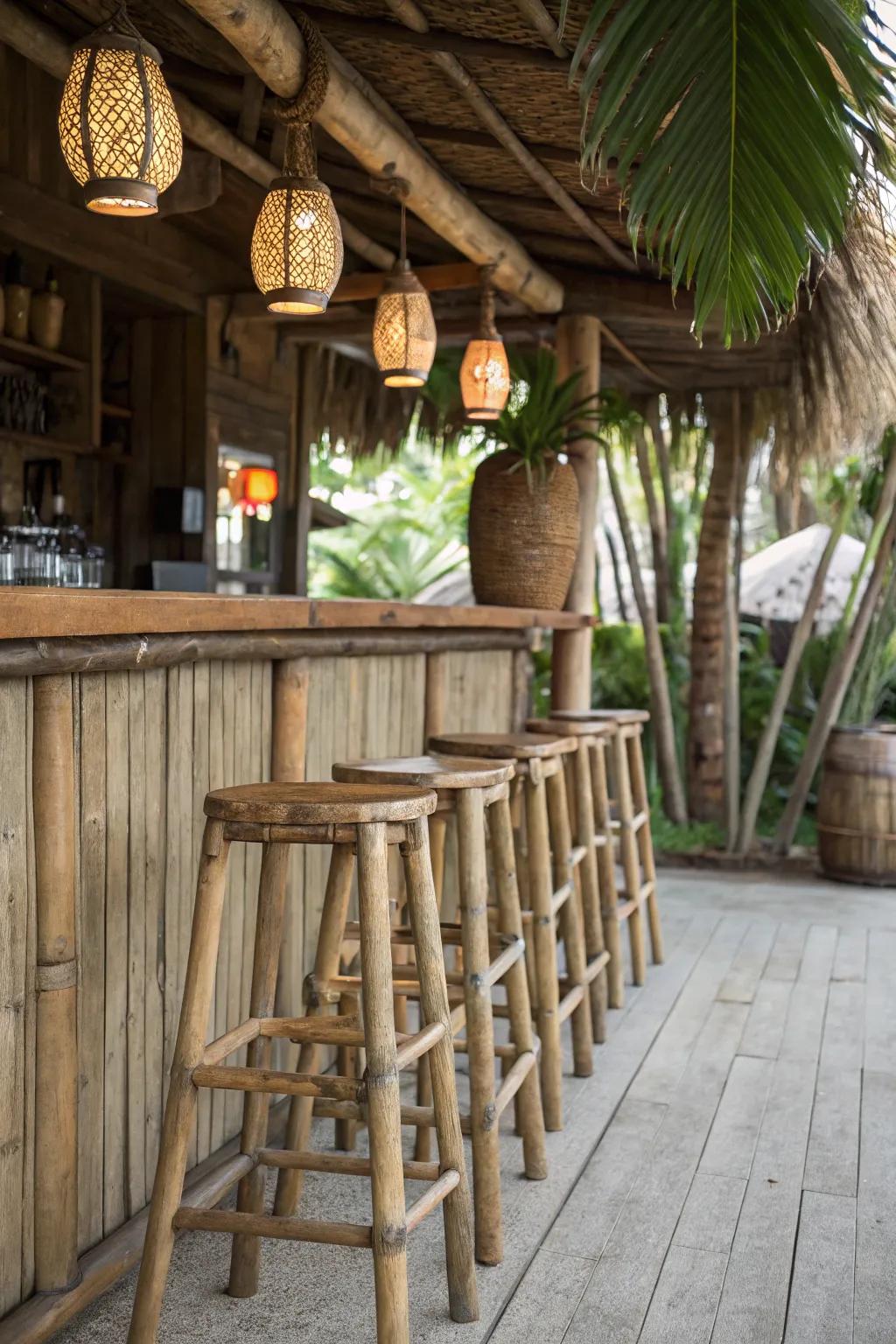 Weathered bar seats finalize the tiki bar aesthetic.