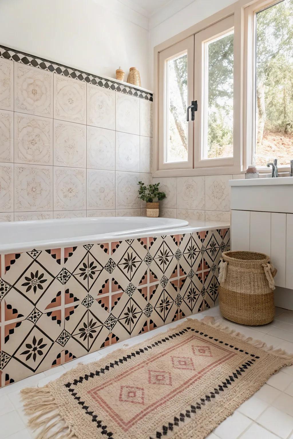 Elevate your bathroom's aesthetic through striking, contrasting grout—where Scandinavian simplicity converges with boho flair.