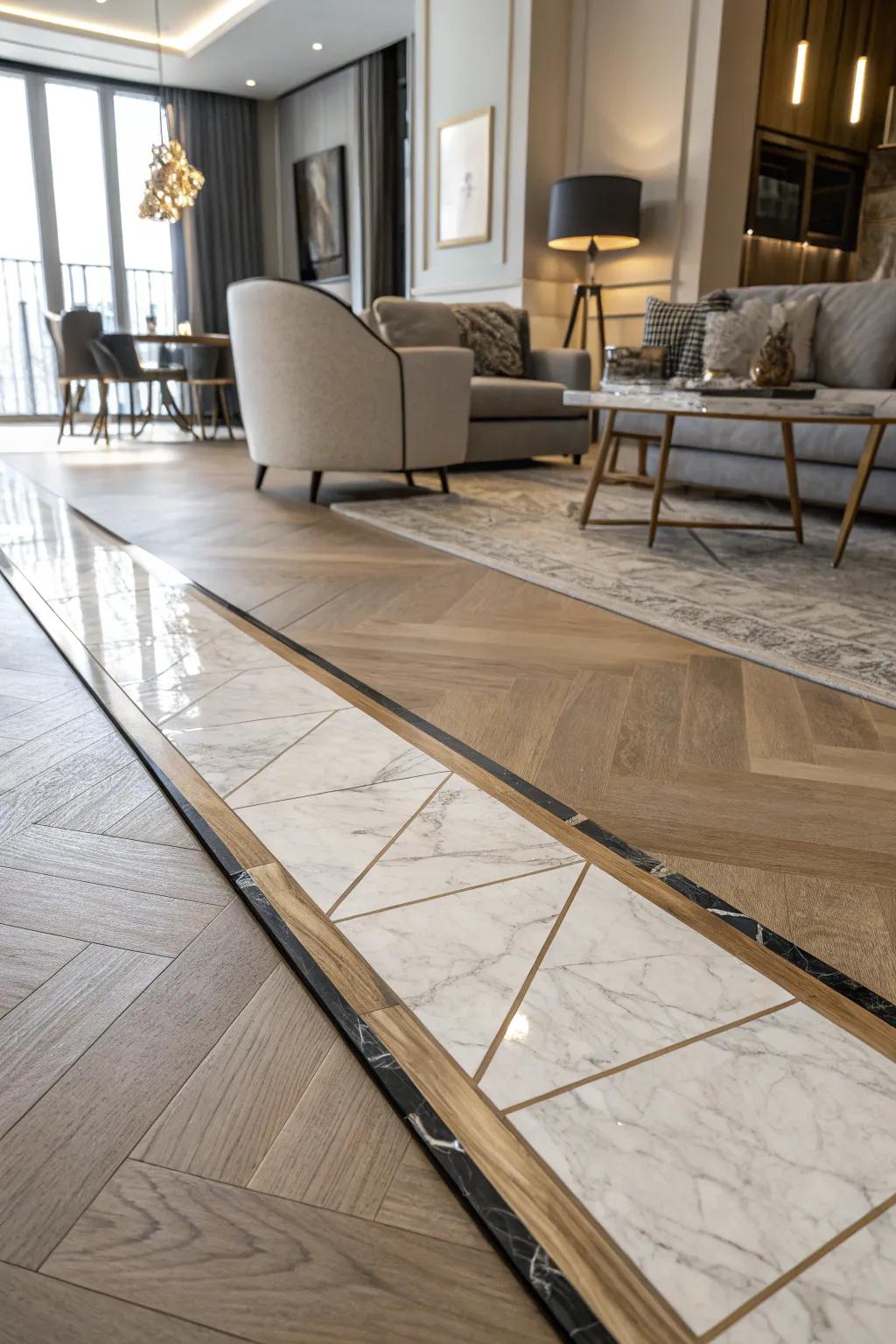 A granite strip gracefully bridges ceramic and timber surfaces.