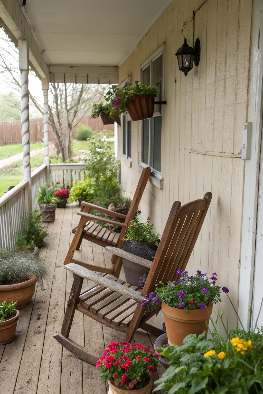 Embracing inherent wood allure on a tiny veranda.